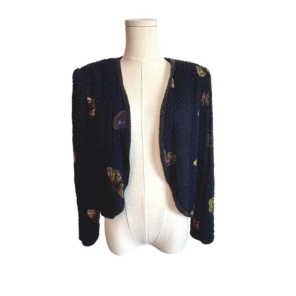 Vintage New Options Kate Geddes Beaded Butterfly Bolero Jacket Black Small